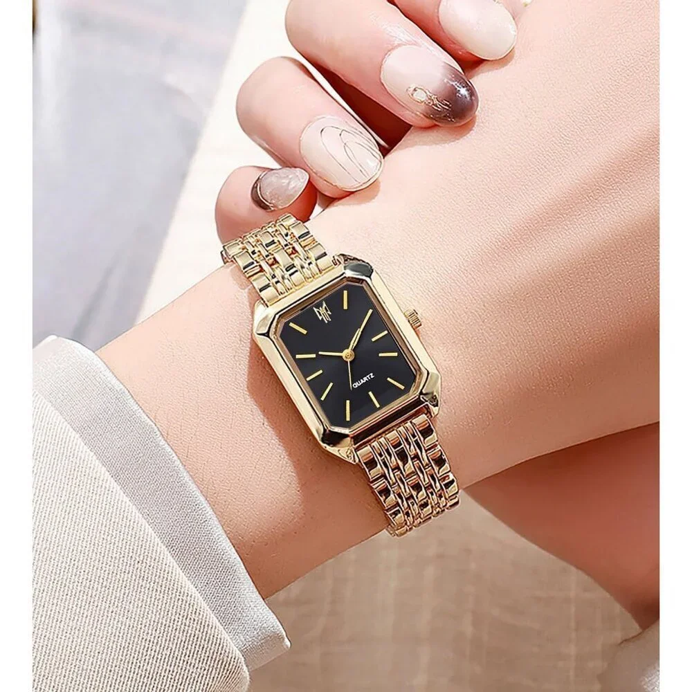 Women's Gold Black Square Quartz Wrist Watches Steel Strap Casual Fashion